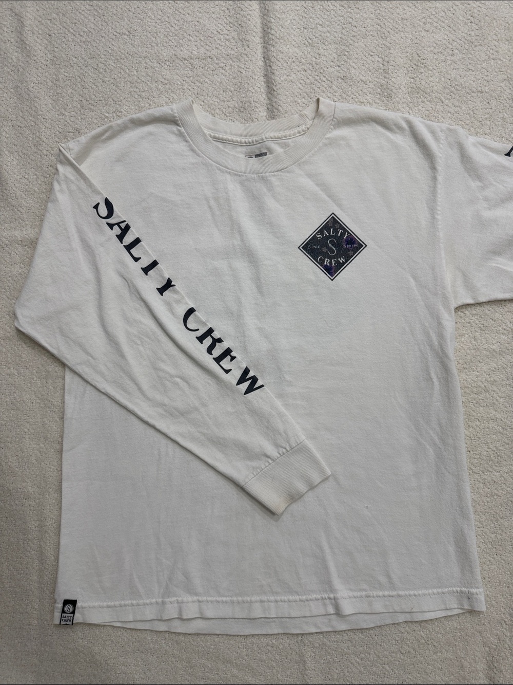 Salty Crew White Long-Sleeve Logo Tee with Navy Chest Patch